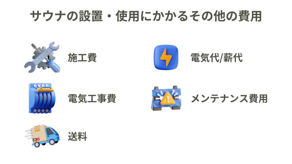 サウナの設置、使用にかかるその他の費用(施工費、電気工事費、送料、電気代・薪代、メンテナンス費用)をまとめた図