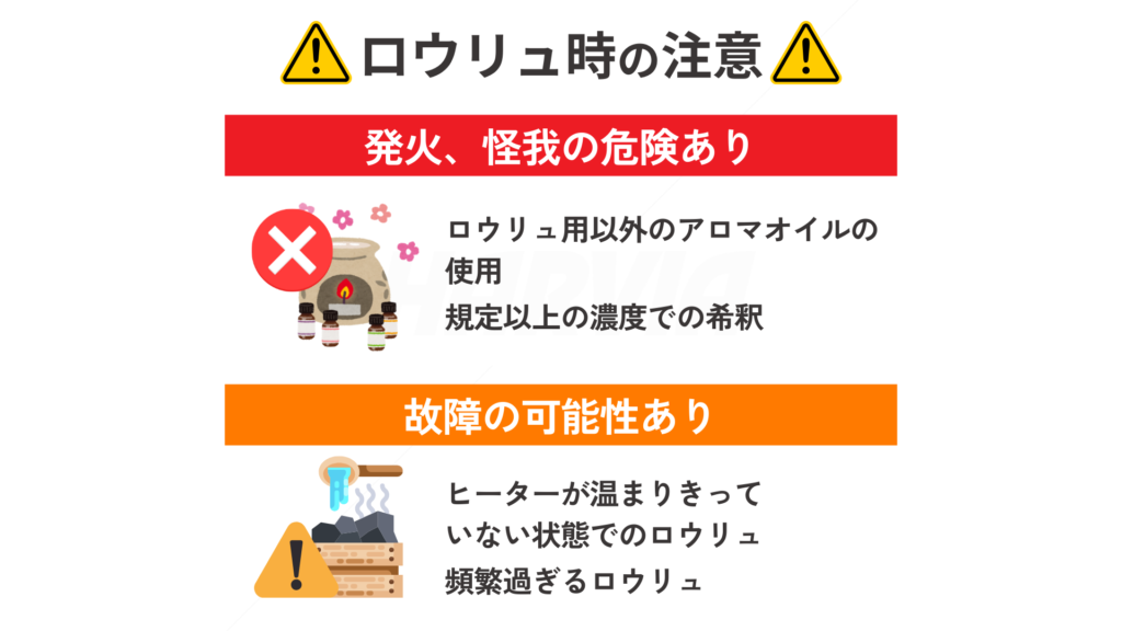 ロウリュ時の注意をまとめた図。
・発火、怪我の恐れがあるので危険:ロウリュ用以外のアロマオイルの使用、規定以上の濃度での希釈
・故障の可能性があるので注意:ヒーターが温まりきっていない状態でのロウリュ、頻繫過ぎるロウリュ