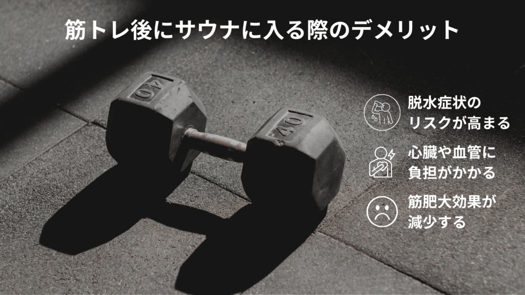 「筋トレ後にサウナに入る際のデメリット」というタイトルの画像です。背景にはダンベルの画像があり、3つのデメリットがアイコンとテキストで示されています。
脱水症状のリスクが高まる: 人が水を飲んでいるイラスト。
心臓や血管に負担がかかる: 心臓と脈拍のイラスト。
筋肥大効果が減少する: 悲しい顔の絵文字(:()のイラスト。